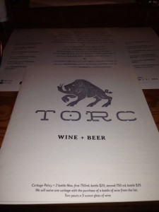 Menu at TORC
